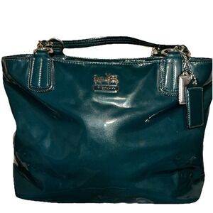 Coach Teal Patent Leather Metallic Shimmer Tote Bag Silver Chain Shoulder Bag